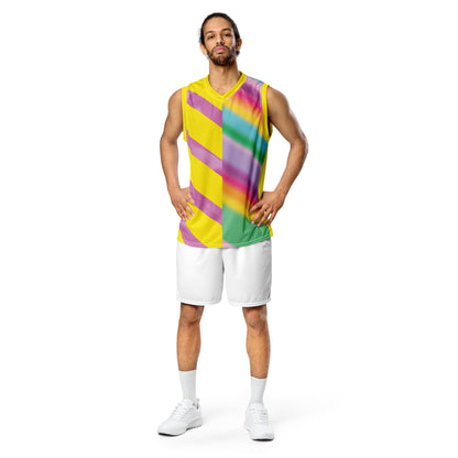 Men’s pastel rainbow basketball jersey with yellow geometric gradient design