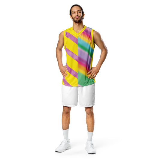 Men’s pastel rainbow basketball jersey with yellow geometric gradient design