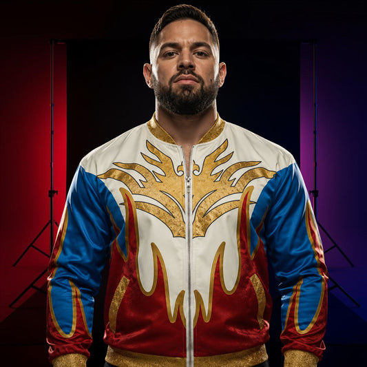 man wearing red white blue and gold bomber jacket in patriotic tones with eagle motif.