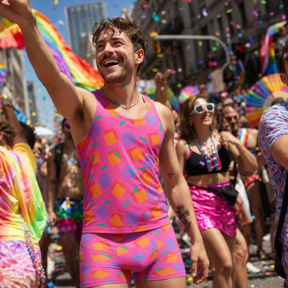 Man wearing matching pink tank top and boxer briefs at LGBT+ Pride, smiling face, happy crowd, geometric 80s Memphis design outfit.