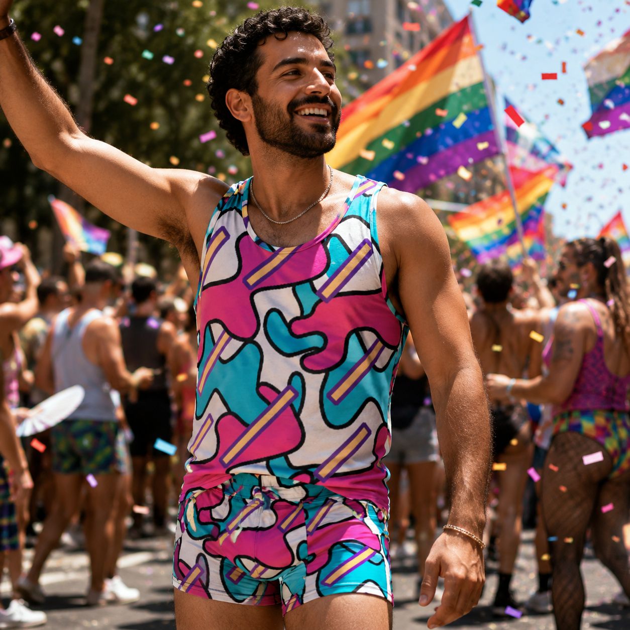 Man in a colorful tank top and matching patterned boxer briefs at a Gay Pride parade with rainbow flags and confetti.