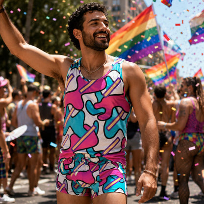 Man in a colorful tank top and matching patterned boxer briefs at a Gay Pride parade with rainbow flags and confetti.
