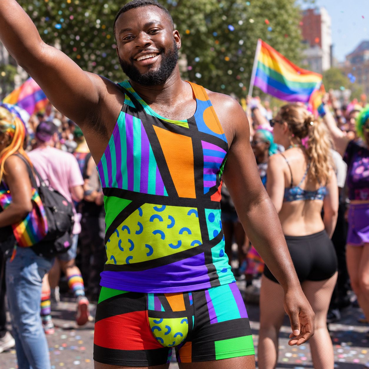 Man in a colorful outfit at a Pride parade with rainbow flags in the background
