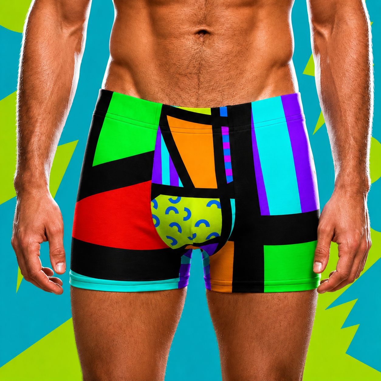 Man wearing bold boxer briefs in multicoloured geometric 80s Memphis design