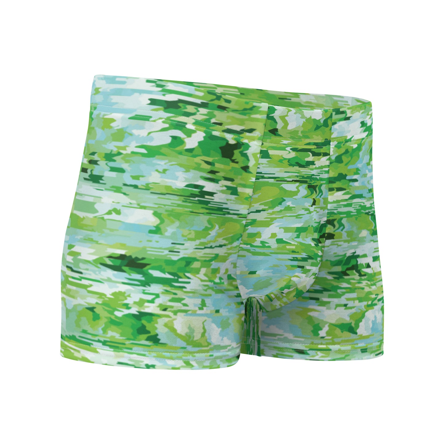 Green camouflage-patterned boxer briefs on a white background