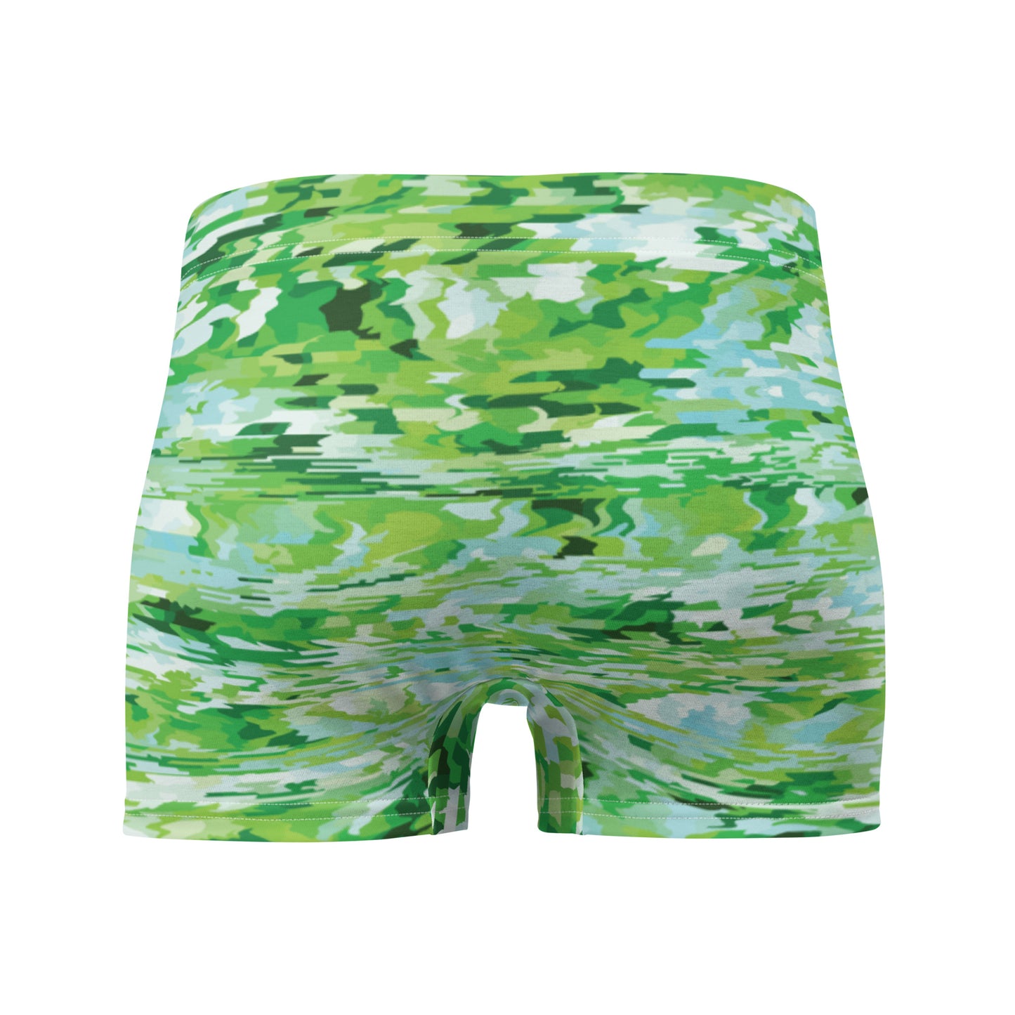 Green camouflage-patterned boxer briefs on a white background