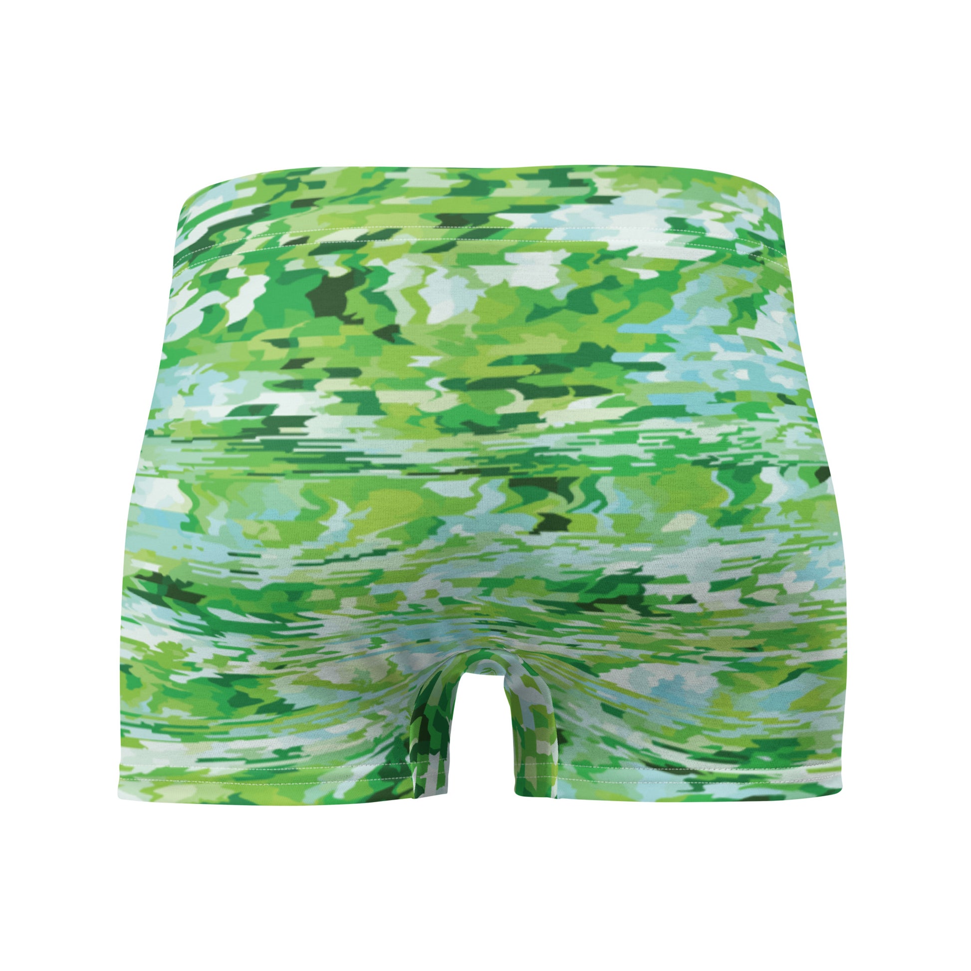 Green camouflage-patterned boxer briefs on a white background