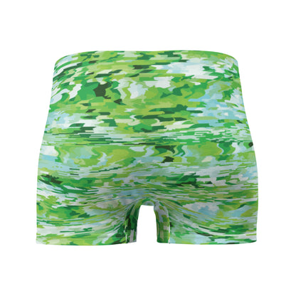 Green camouflage-patterned boxer briefs on a white background