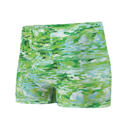 Green camouflage-patterned boxer briefs on a white background