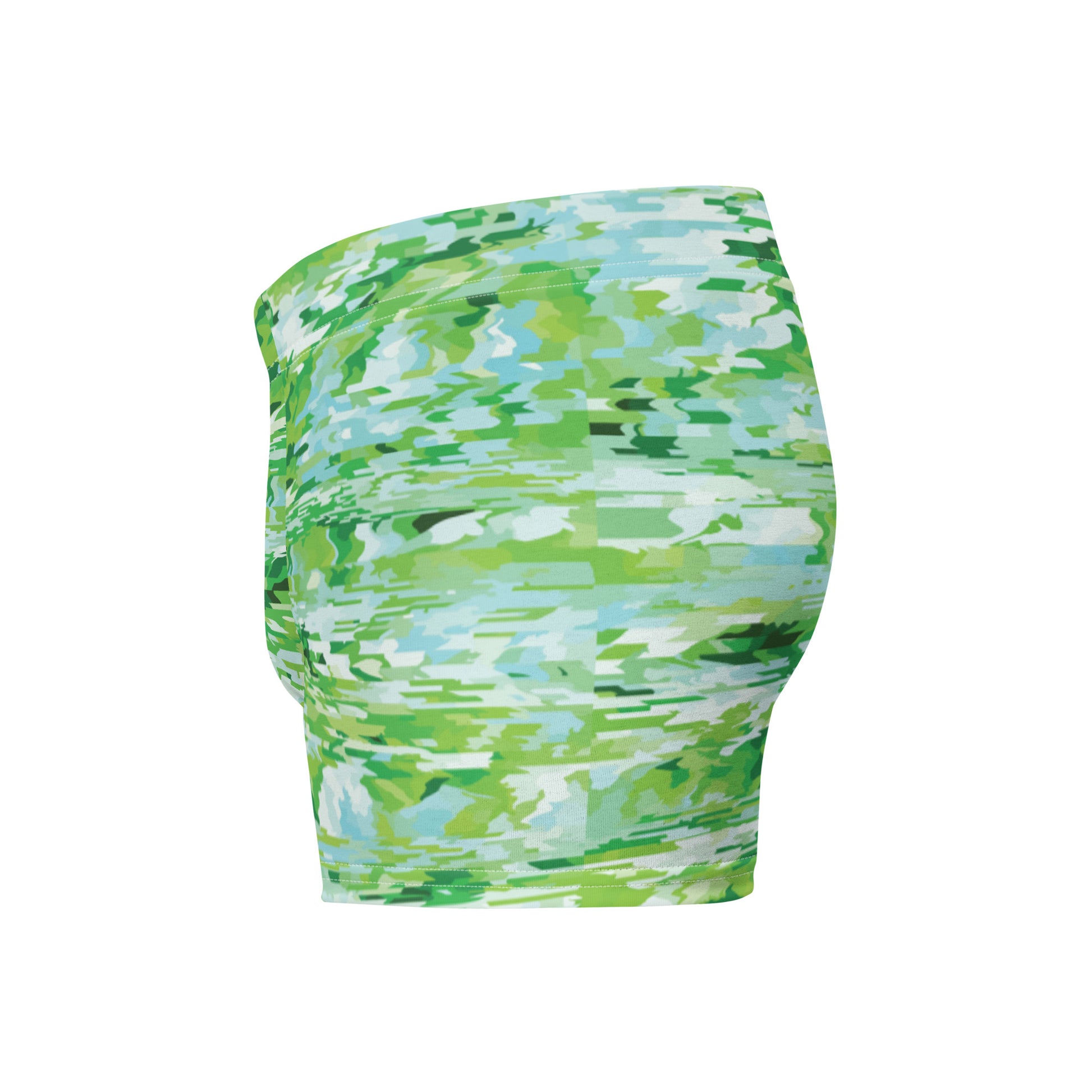 Green camouflage-patterned boxer briefs on a white background