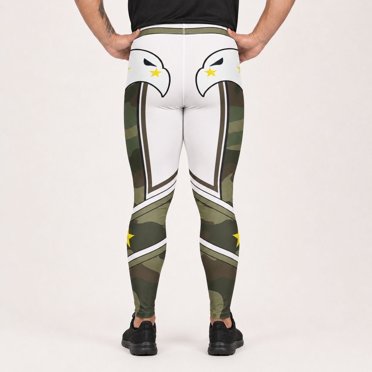 Camouflage eagle wrestling tights, rear view showing full leg print