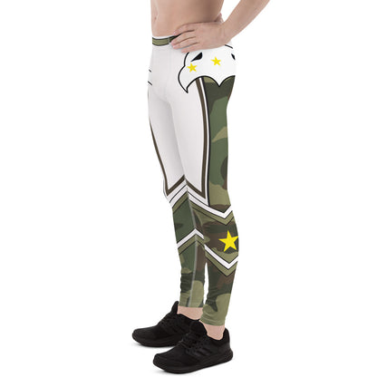 Camouflage wrestling tights for men with gold star chevron detail, left side
