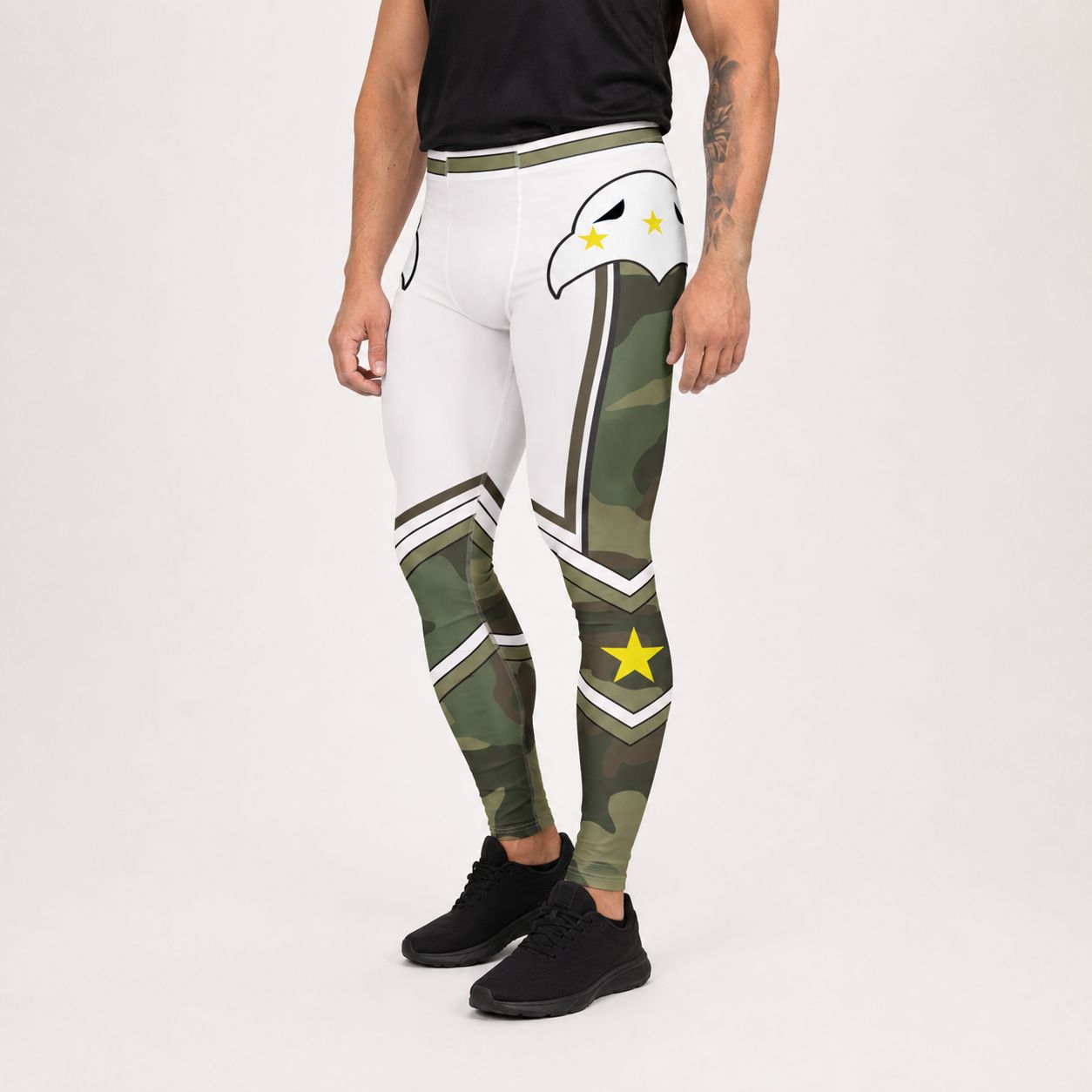 Camouflage wrestling tights with eagle and star chevron design, left profile
