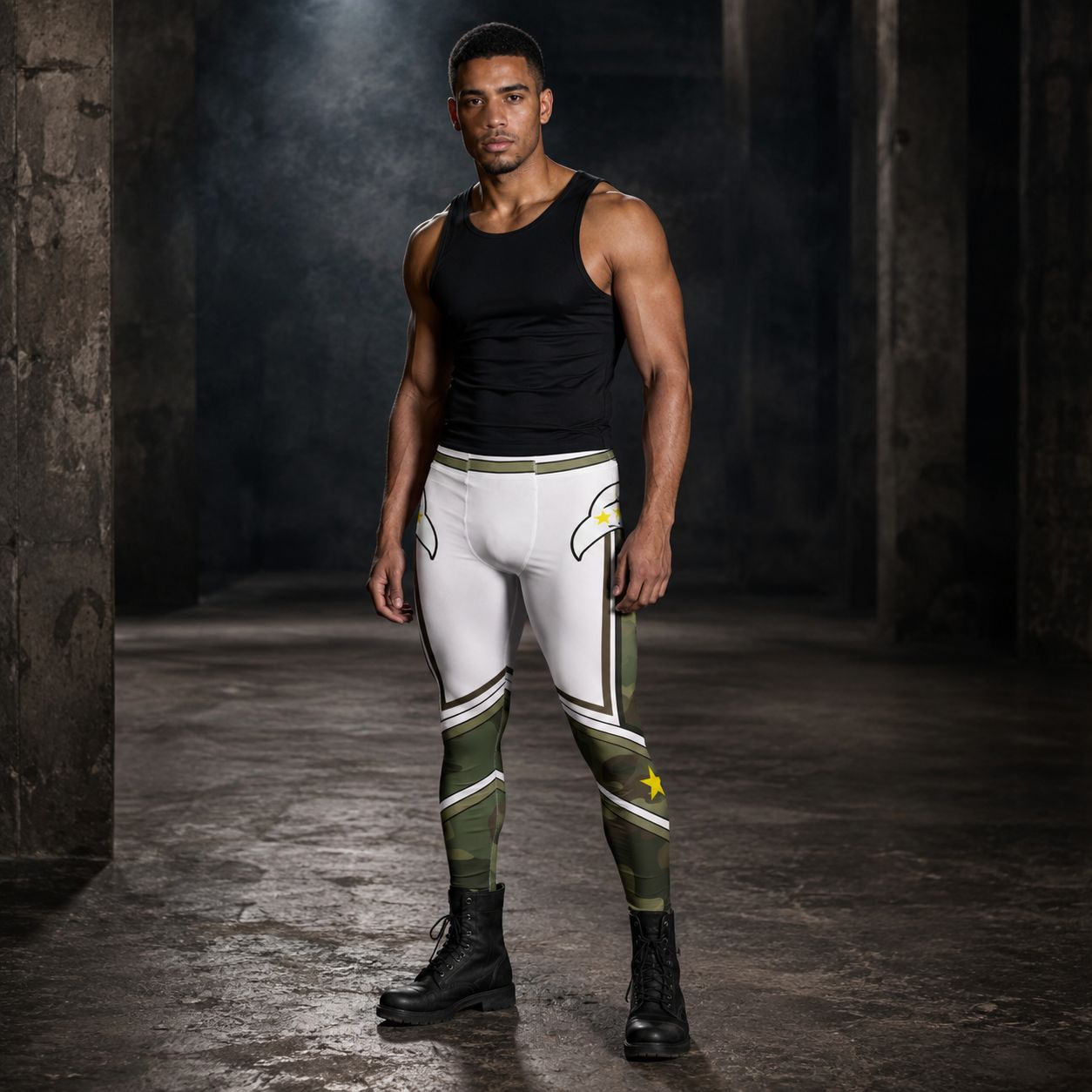 A muscular man stands in a dark, industrial warehouse setting wearing white and olive green athletic compression leggings with a black tank top and black boots.