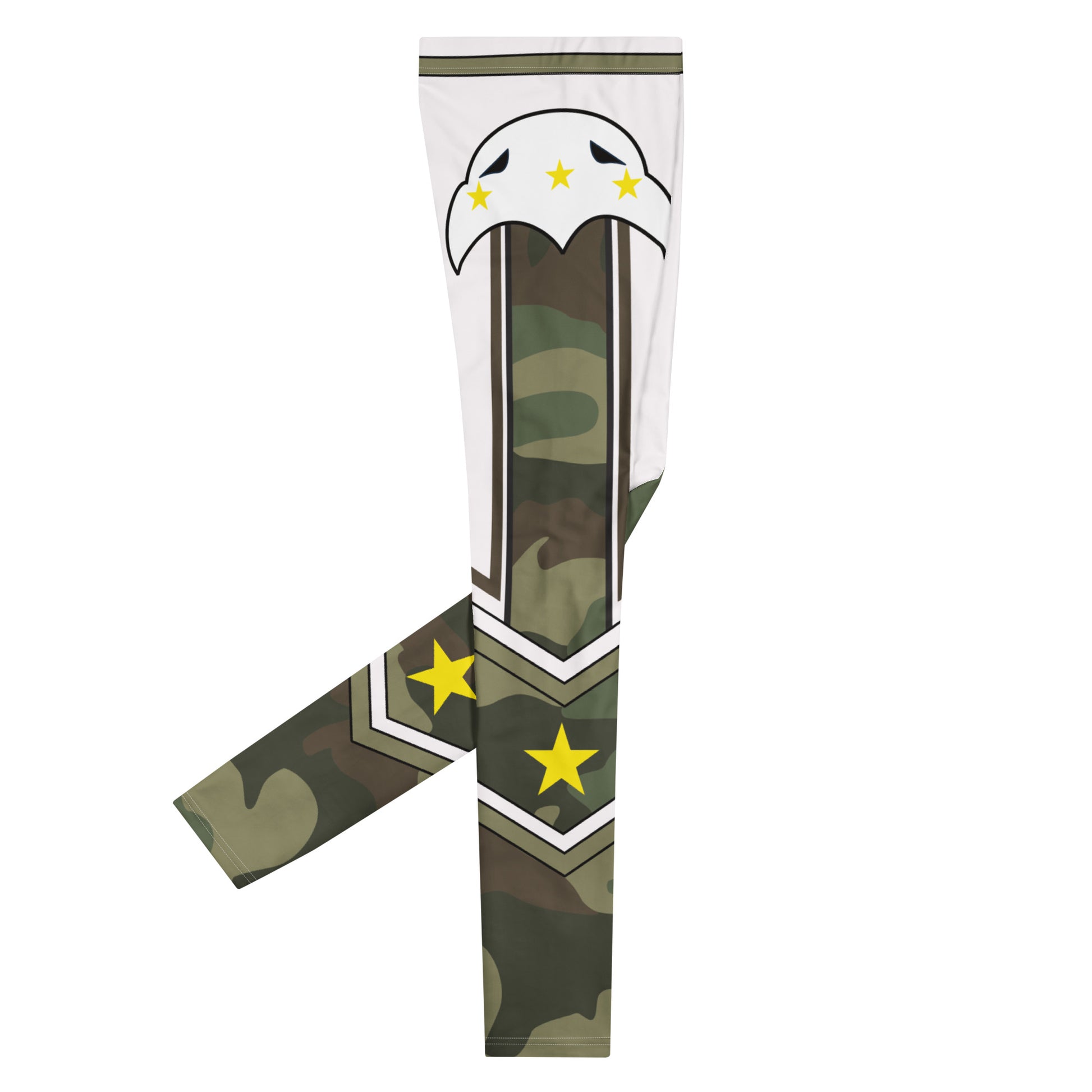 Camouflage cosplay tights with bold eagle graphic, angled right view