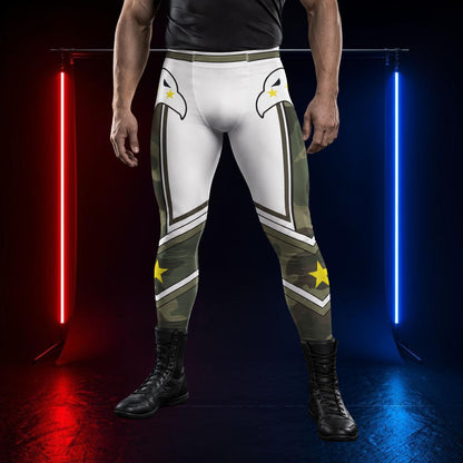A model from the waist down wearing white and olive green tactical camouflage compression leggings with eagle graphics and yellow stars, paired with black combat boots, set against a dark studio background with red and blue neon lights.
