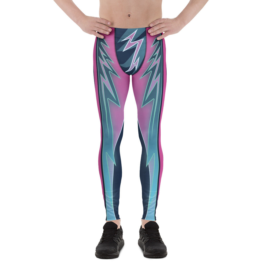 Men's cosplay cyberpunk tights in pink and blue synthwave vibes. Lightning strikes and geometric shapes.