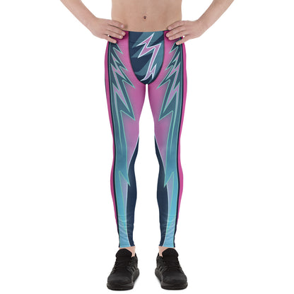 Men's cosplay cyberpunk tights in pink and blue synthwave vibes. Lightning strikes and geometric shapes.