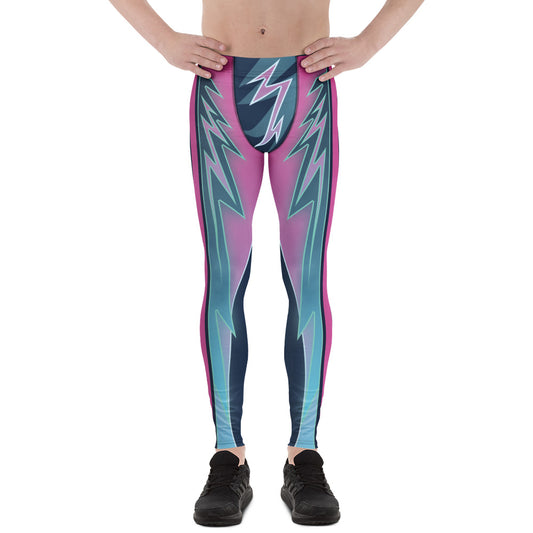 Men's cosplay cyberpunk tights in pink and blue synthwave vibes. Lightning strikes and geometric shapes.