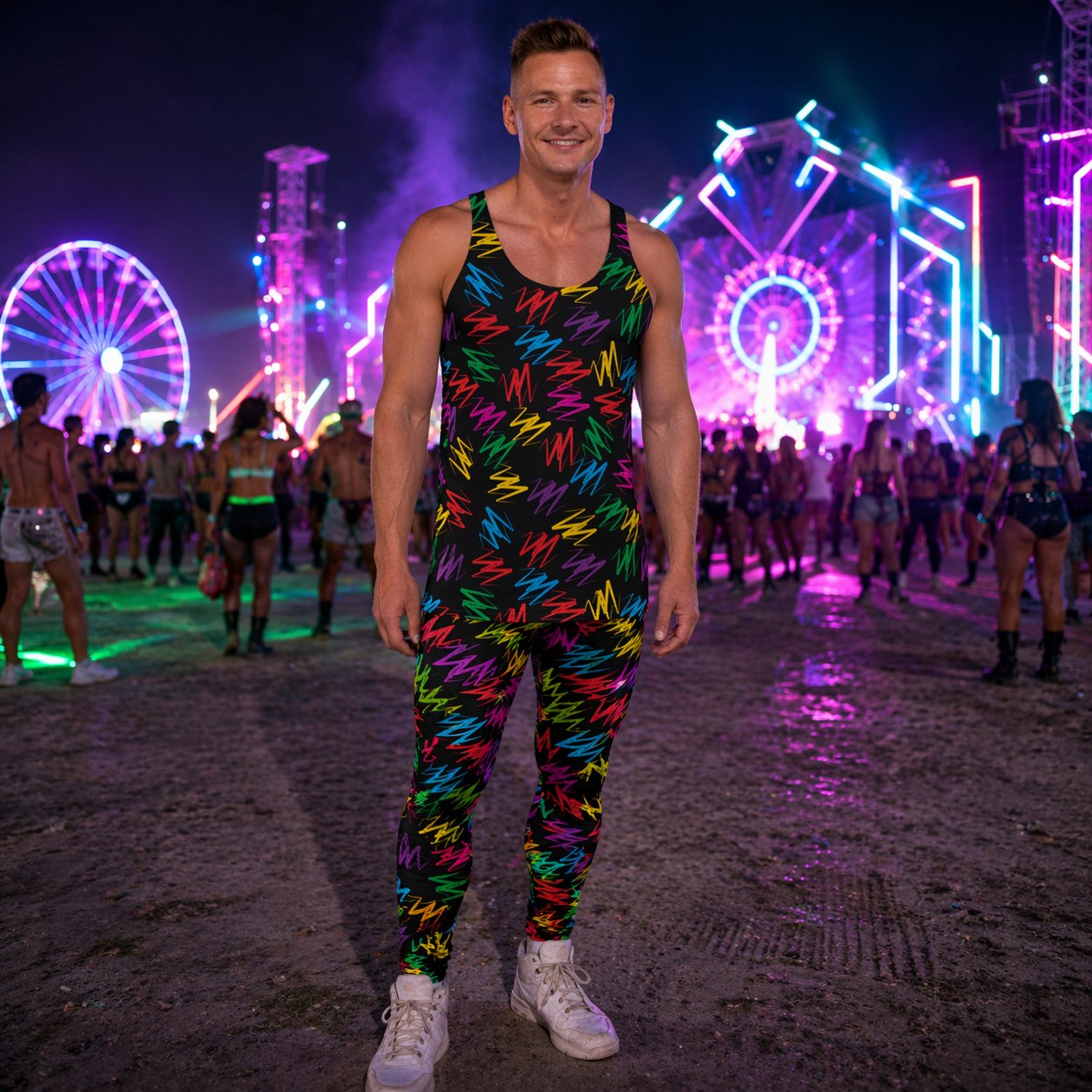 Man wearing a colorful rainbow outfit at a music festival with ferris wheels and lights in the background.