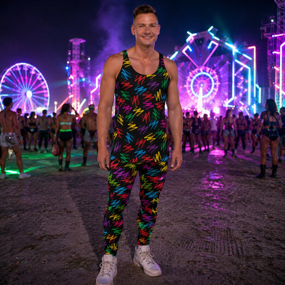 Man wearing a colorful rainbow outfit at a music festival with ferris wheels and lights in the background.
