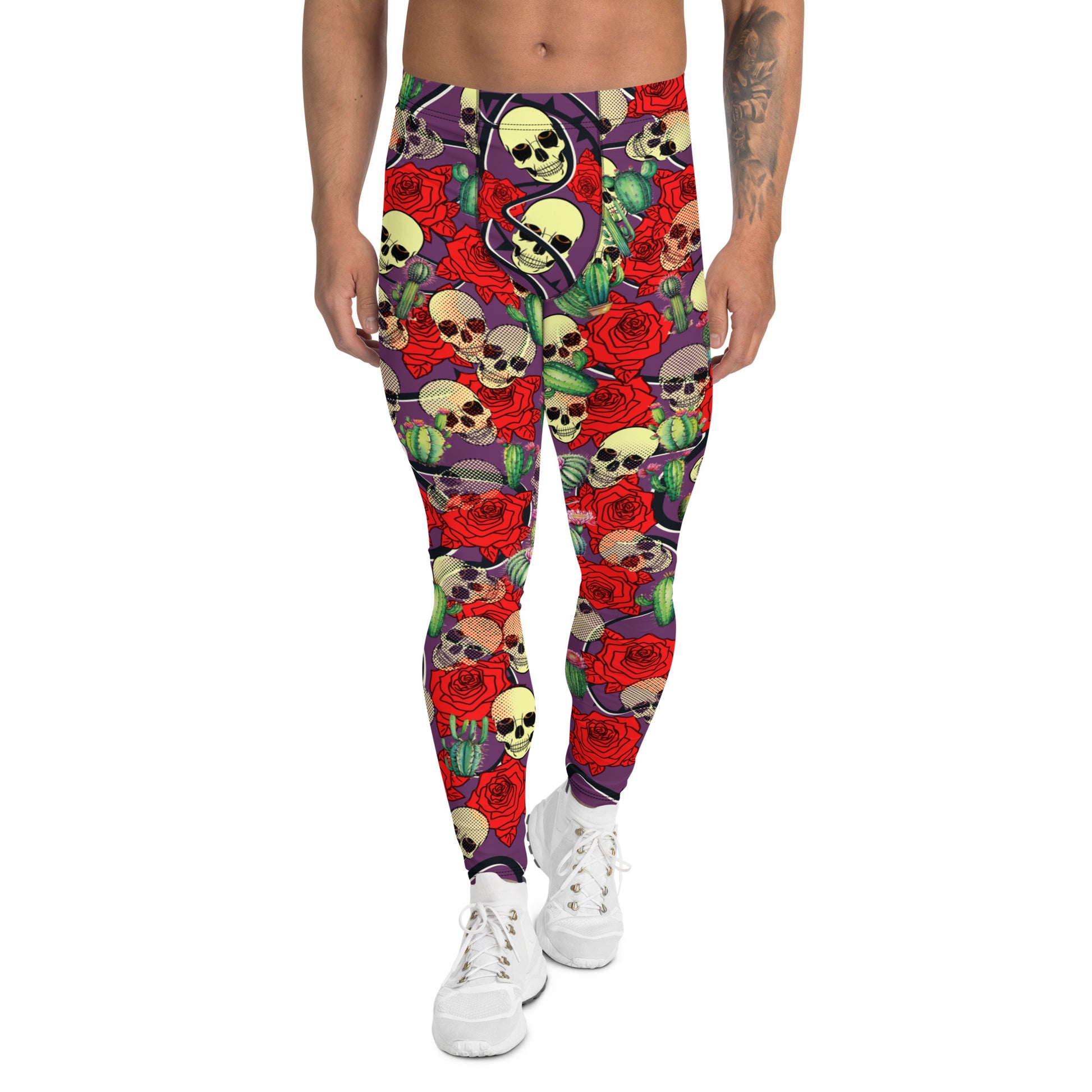 Creepy cute fashion leggings for men with skulls, roses and cactus plants. Purple meggings alternative fashion with mid rise waistband and ankle length legs.