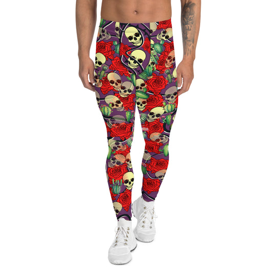 Creepy cute fashion leggings for men with skulls, roses and cactus plants. Purple meggings alternative fashion with mid rise waistband and ankle length legs.