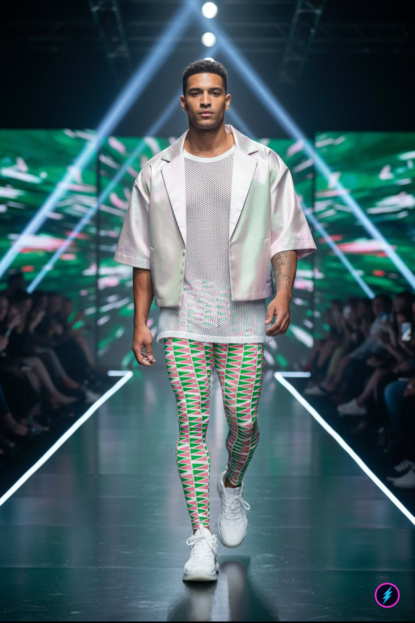 Model walking on a runway wearing a light-colored jacket, gray shirt, and colorful green and salmon pink zigzag meggings.