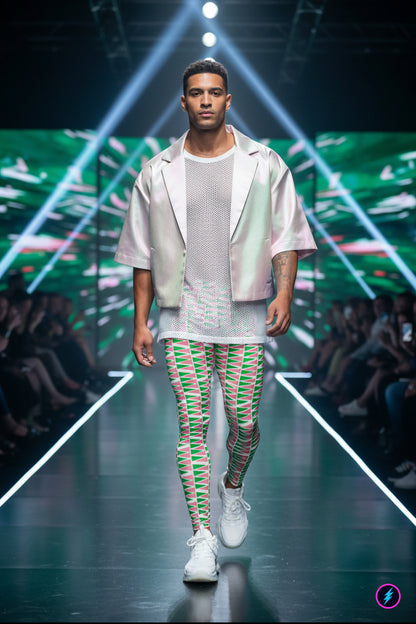 Model walking on a runway wearing a light-colored jacket, gray shirt, and colorful green and salmon pink zigzag meggings.