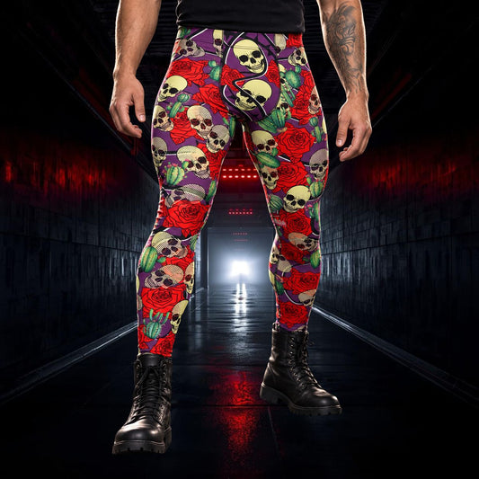 A person wearing high-waisted leggings with a vivid skull-and-rose print in red, purple, green, black, and cream, paired with black combat boots, standing in a dark tunnel with red lighting.