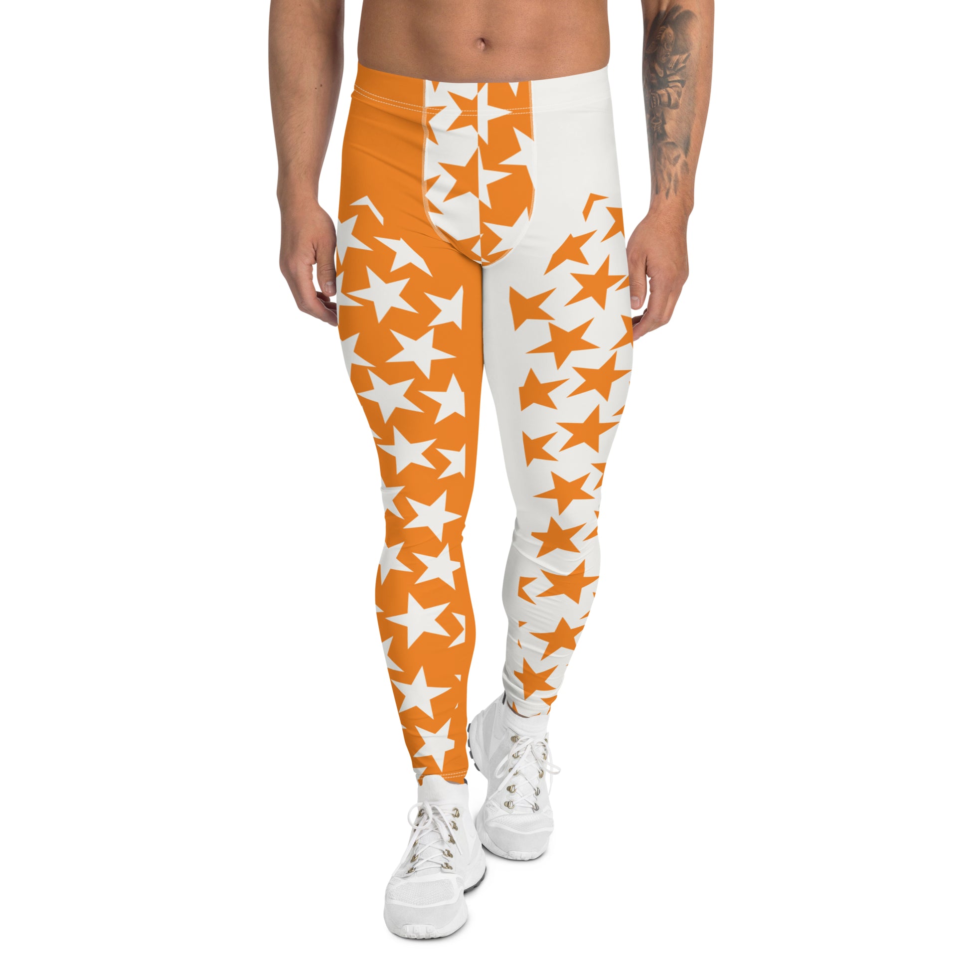 Men's leggings in orange and white with inset alternate stars at the front. Pro wrestling tights, NFL American football gear or festival rave outfit with ankle length legs and mid rise elasticated waist band.