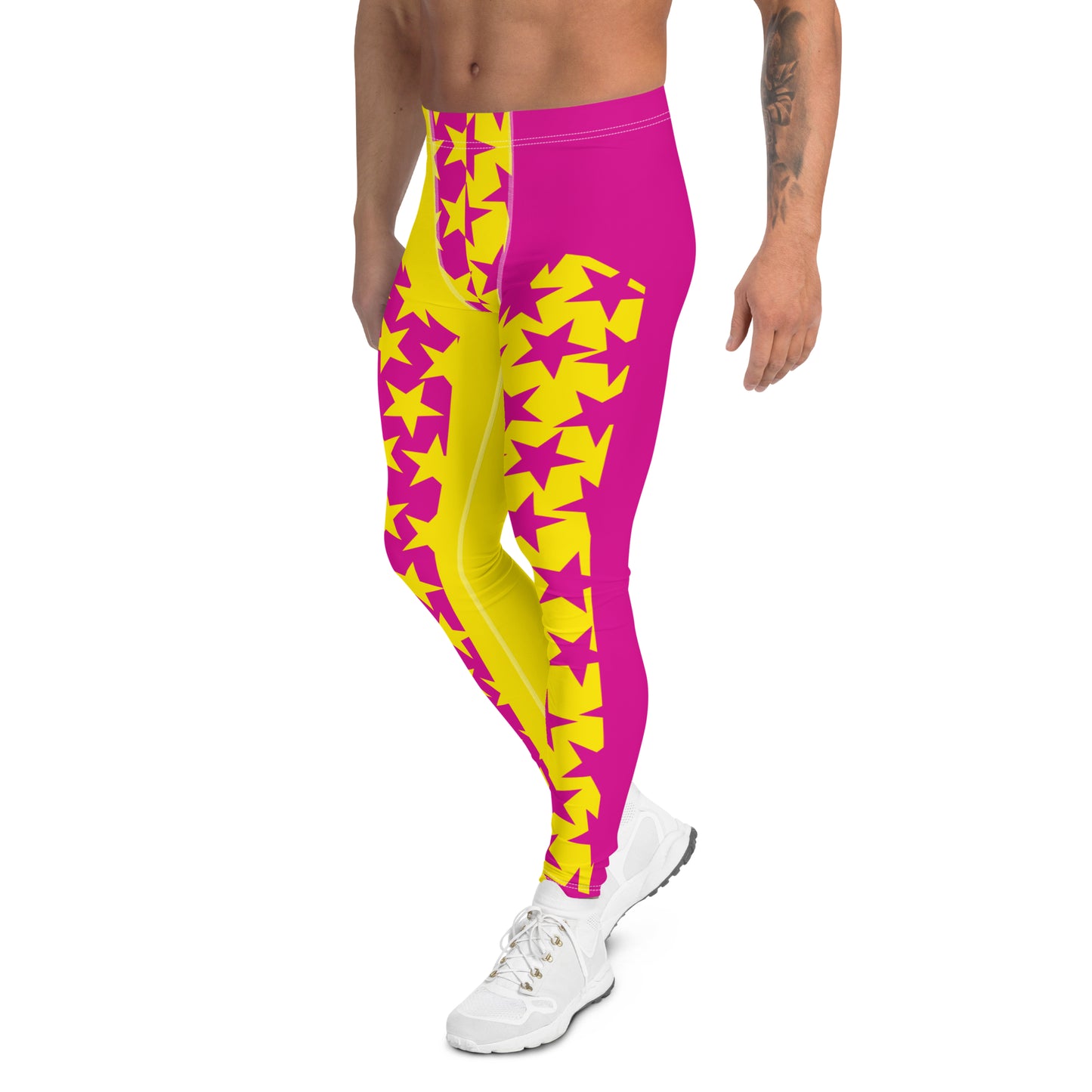 Men's leggings in pink and yellow with inset alternate stars at the front. Pro wrestling tights, NFL American football gear or festival rave outfit with ankle length legs and mid rise elasticated waist band.