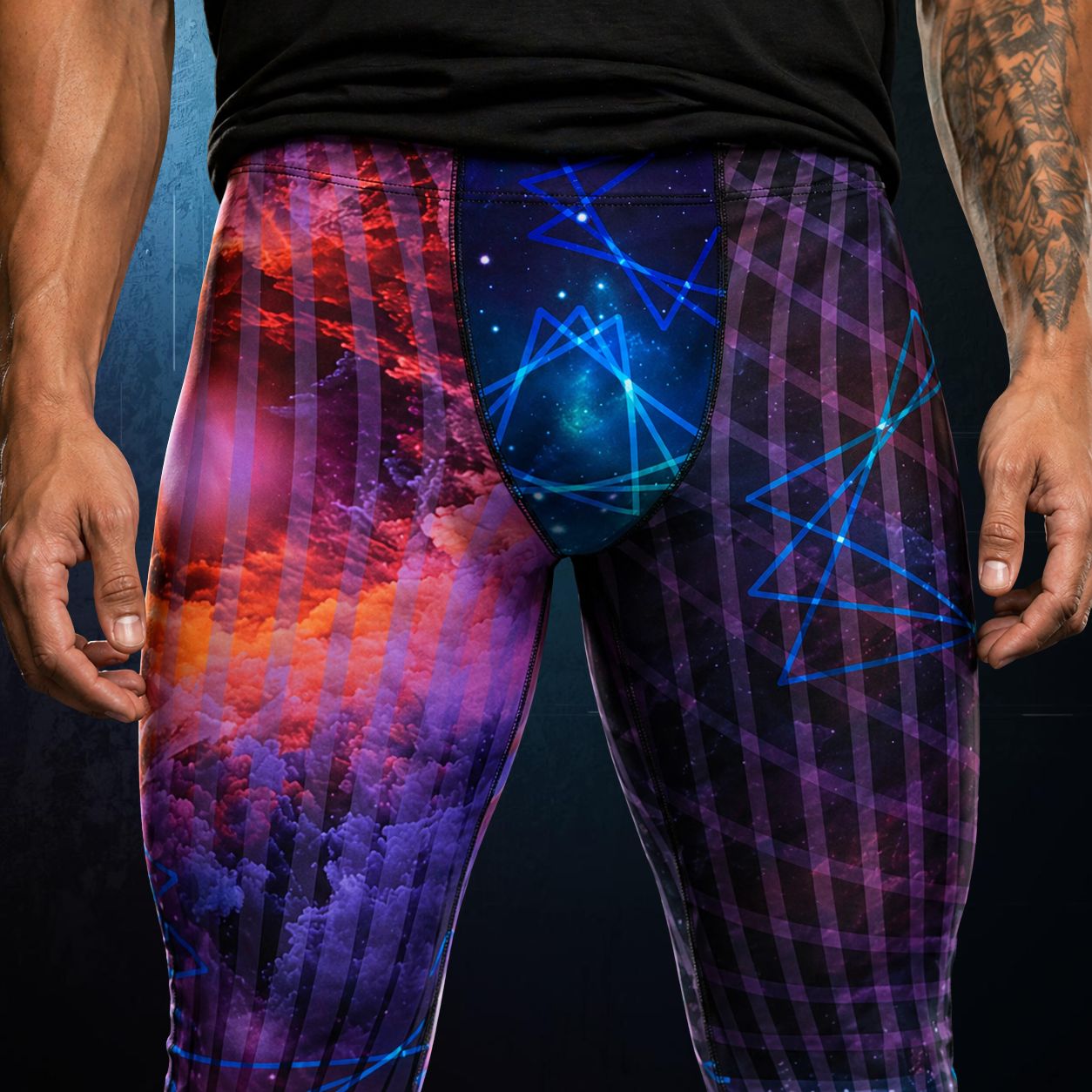 men's leggings in closeup with galaxy design and abstract  geometric patterns