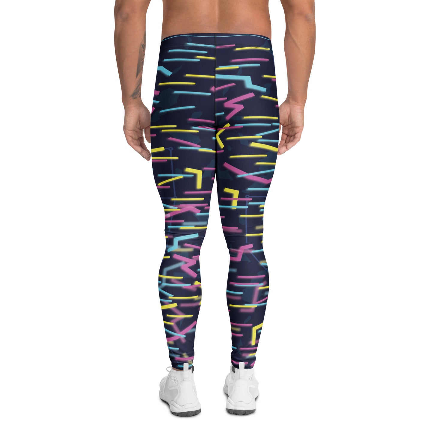 Back view of Wildbyte digital glitch leggings with wraparound circuitry pattern.
