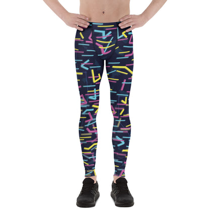 Front view of men’s Wildbyte neon glitch leggings in cyan and magenta.