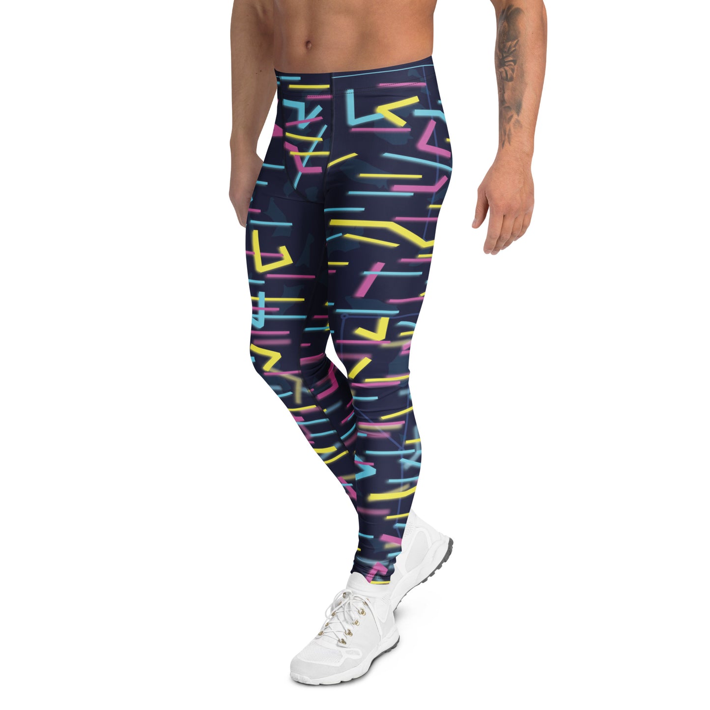 Side view of Wildbyte men’s leggings with cyan and magenta lightning lines.