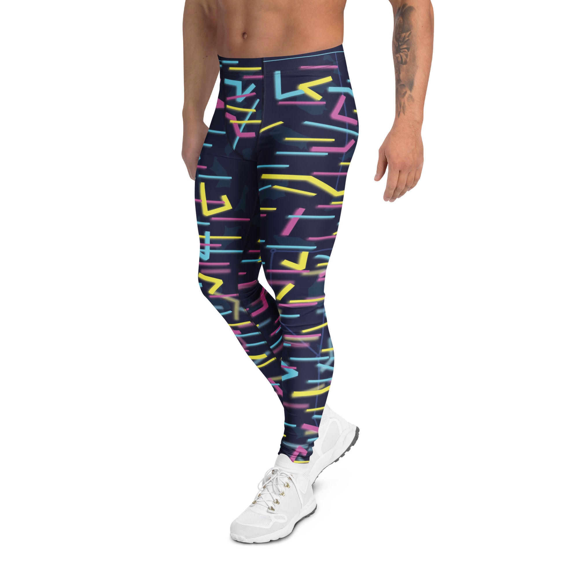 Side view of Wildbyte men’s leggings with cyan and magenta lightning lines.