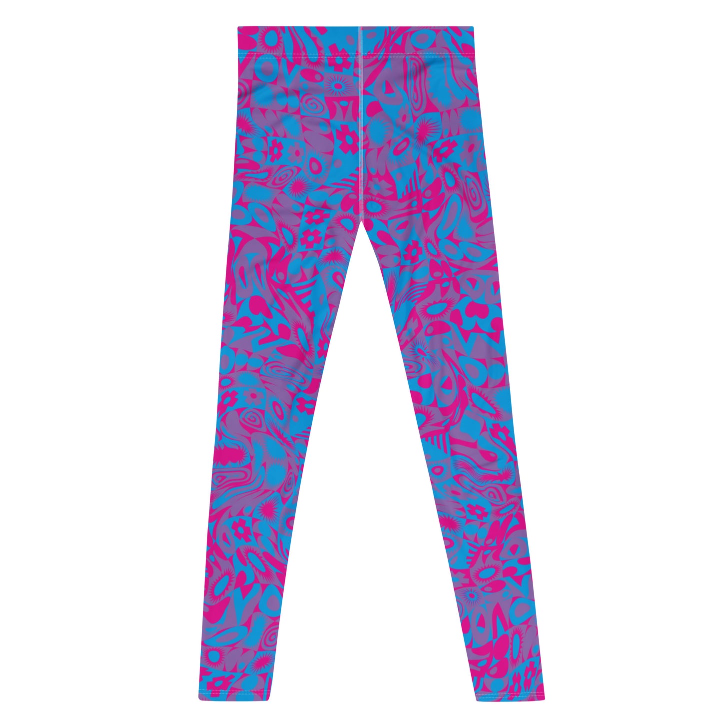Men's gym leggings, fashion activewear in blue and pink glitchcore all over design. Kaleidoscope design for fashion, gym or wrestling. Mid rise and ankle length stretch compression pants for guys.