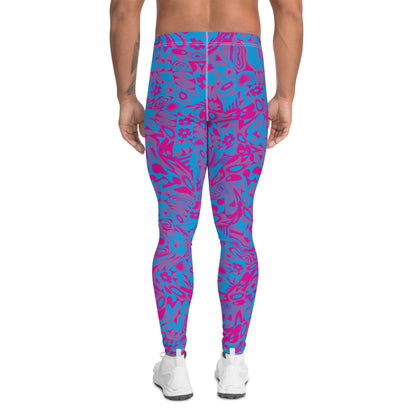 Men's gym leggings, fashion activewear in blue and pink glitchcore all over design. Kaleidoscope design for fashion, gym or wrestling. Mid rise and ankle length stretch compression pants for guys.