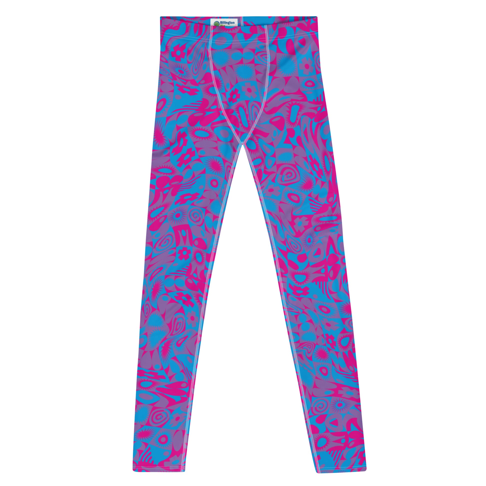 Men's gym leggings, fashion activewear in blue and pink glitchcore all over design. Kaleidoscope design for fashion, gym or wrestling. Mid rise and ankle length stretch compression pants for guys.