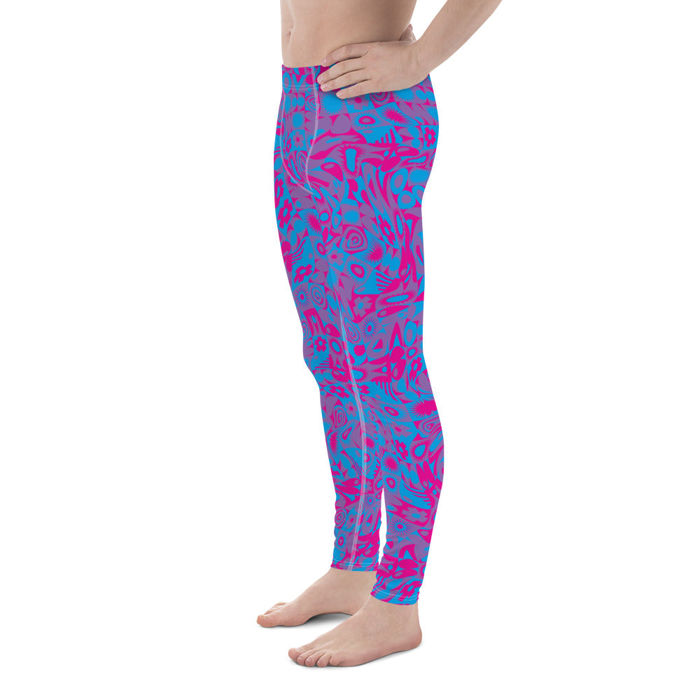 Men's gym leggings, fashion activewear in blue and pink glitchcore all over design. Kaleidoscope design for fashion, gym or wrestling. Mid rise and ankle length stretch compression pants for guys.