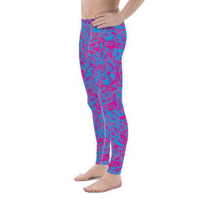 Men's gym leggings, fashion activewear in blue and pink glitchcore all over design. Kaleidoscope design for fashion, gym or wrestling. Mid rise and ankle length stretch compression pants for guys.