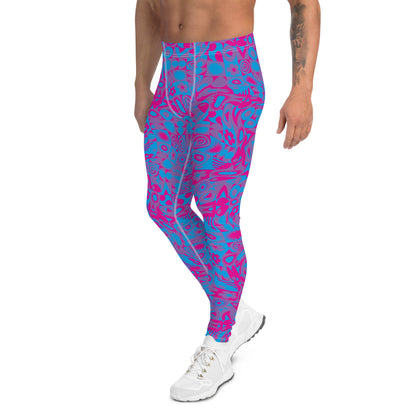 Men's gym leggings, fashion activewear in blue and pink glitchcore all over design. Kaleidoscope design for fashion, gym or wrestling. Mid rise and ankle length stretch compression pants for guys.