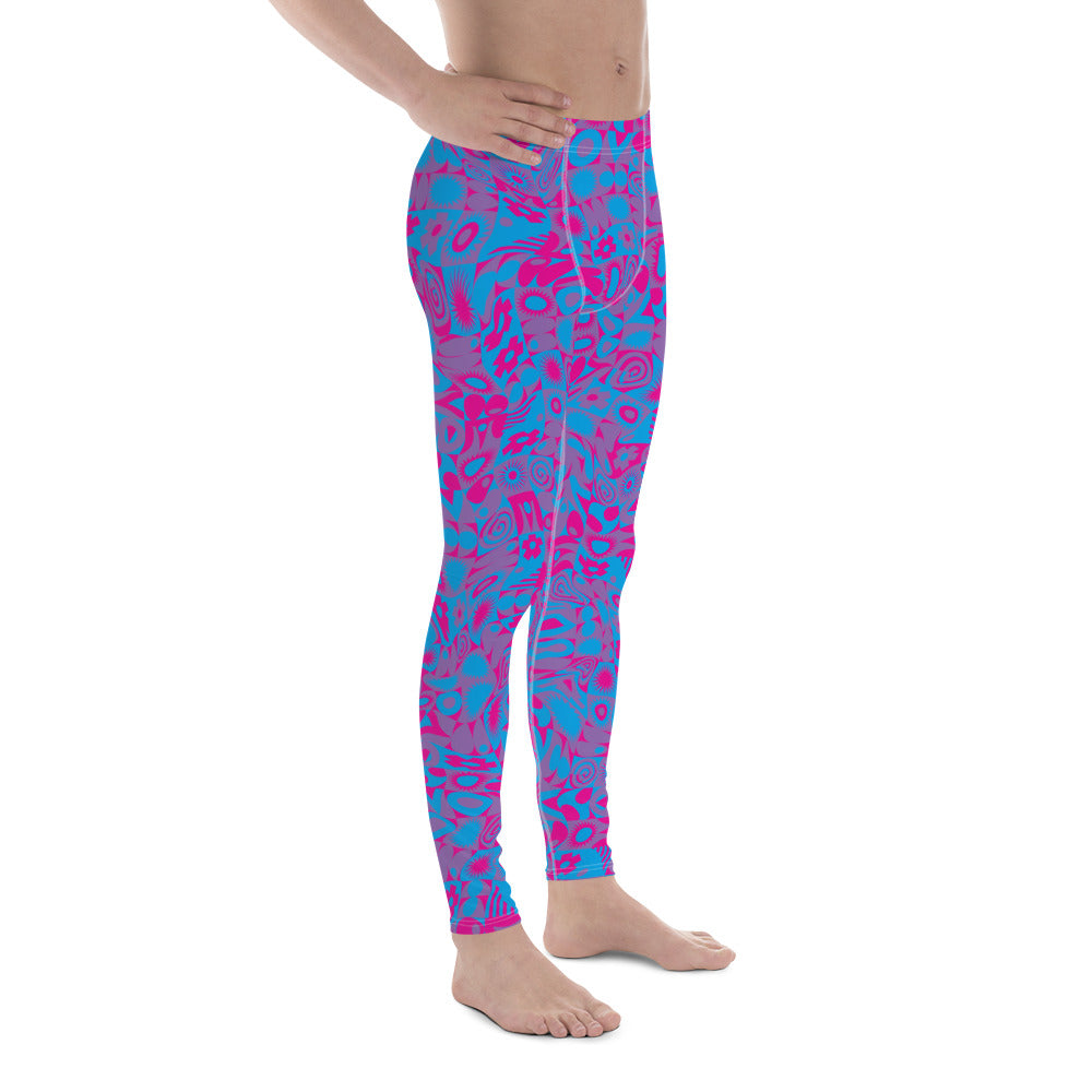 Men's gym leggings, fashion activewear in blue and pink glitchcore all over design. Kaleidoscope design for fashion, gym or wrestling. Mid rise and ankle length stretch compression pants for guys.