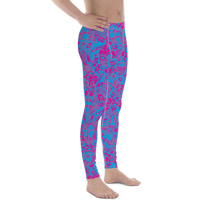 Men's gym leggings, fashion activewear in blue and pink glitchcore all over design. Kaleidoscope design for fashion, gym or wrestling. Mid rise and ankle length stretch compression pants for guys.