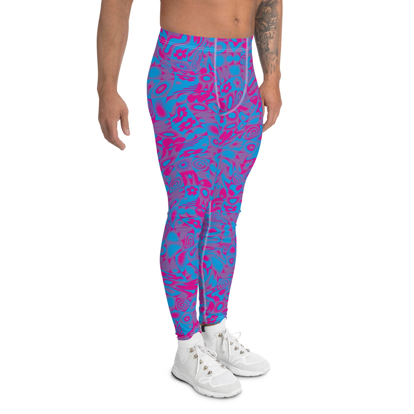Men's gym leggings, fashion activewear in blue and pink glitchcore all over design. Kaleidoscope design for fashion, gym or wrestling. Mid rise and ankle length stretch compression pants for guys.