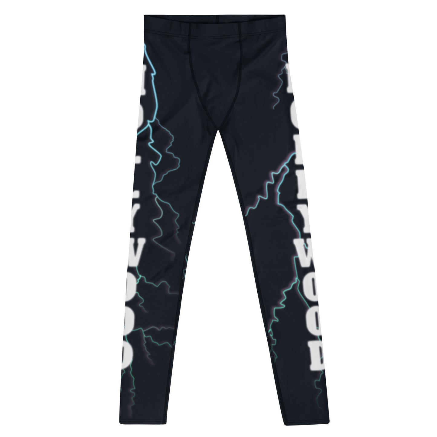 Close-up of Hollywood lettering and lightning bolt print on men’s compression leggings – BillingtonPix