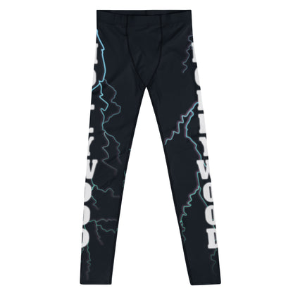 Close-up of Hollywood lettering and lightning bolt print on men’s compression leggings – BillingtonPix