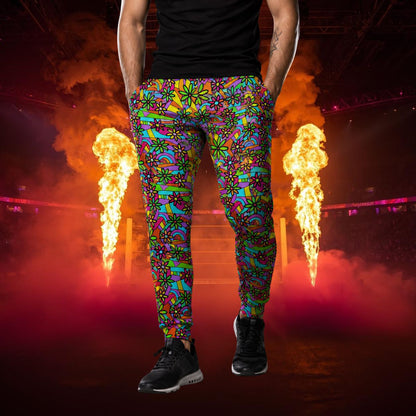Person wearing colorful patterned jogging pants with fire and smoke effects in the background