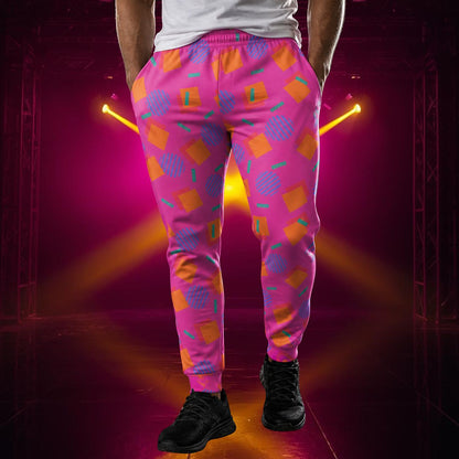 man wearing pink 80s memphis geometric patterned joggers